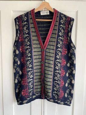Kilkenny Irish Wool Knit Folk Art Sweater Vest Women's Button Front Size Large